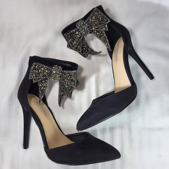 JustFab Lucy Black Pumps Heels SHOES Womens Size 7W Bling Bow Point Toe Just Fab - Picture 4 of 16